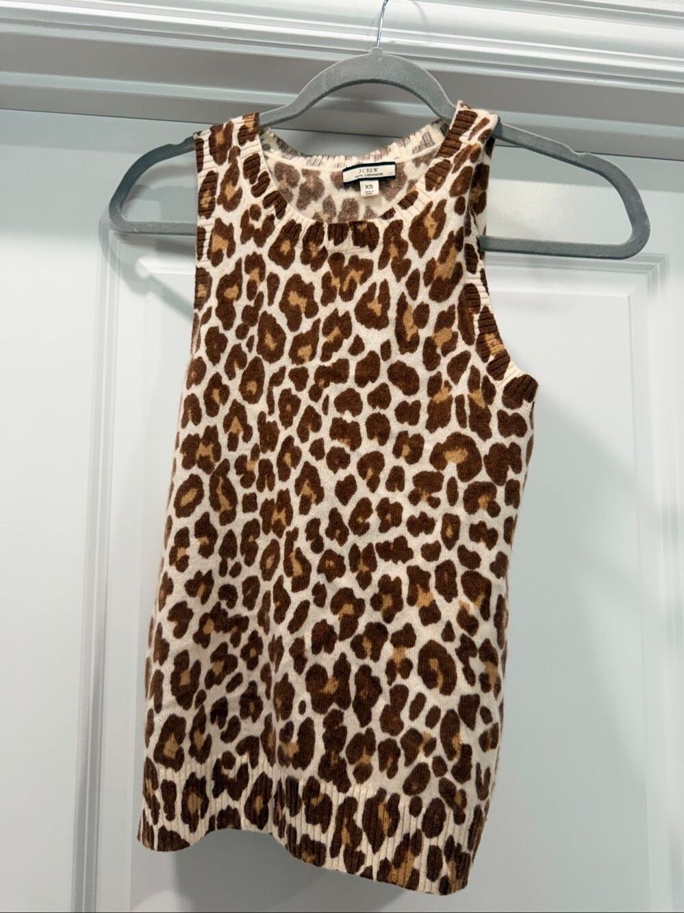J. Crew Brown Tan Leopard Animal Print 100% Cashmere Tank Top Size XS